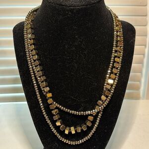 Brass tone circular and square multistrand beaded collar necklace